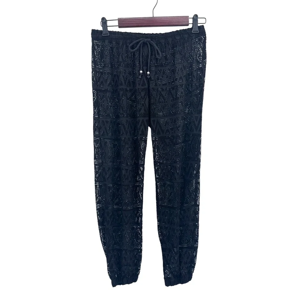 Pacific Beach Crochet Swim Cover Up Pants Womens Medium Black Drawstring Jogger